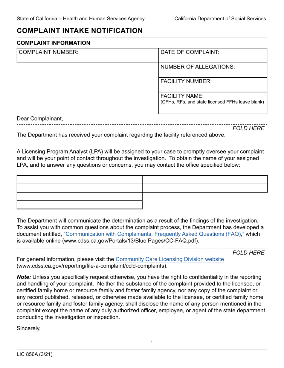 Form LIC856A - Fill Out, Sign Online and Download Fillable PDF ...