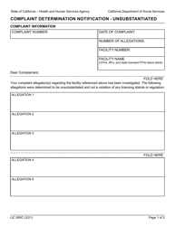 Document preview: Form LIC856C Complaint Determination Notification - Unsubstantiated - California