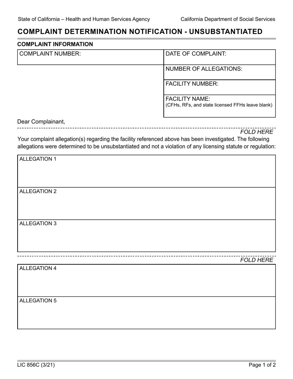 Form LIC856C Complaint Determination Notification - Unsubstantiated - California, Page 1