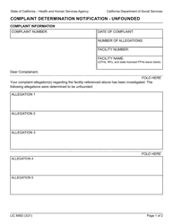 Document preview: Form LIC856D Complaint Determination Notification - Unfounded - California
