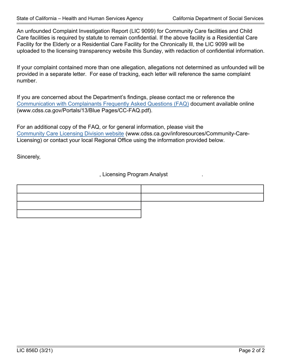 Form LIC856D Complaint Determination Notification - Unfounded - California, Page 2