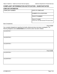 Document preview: Form LIC856B Complaint Determination Notification - Substantiated - California