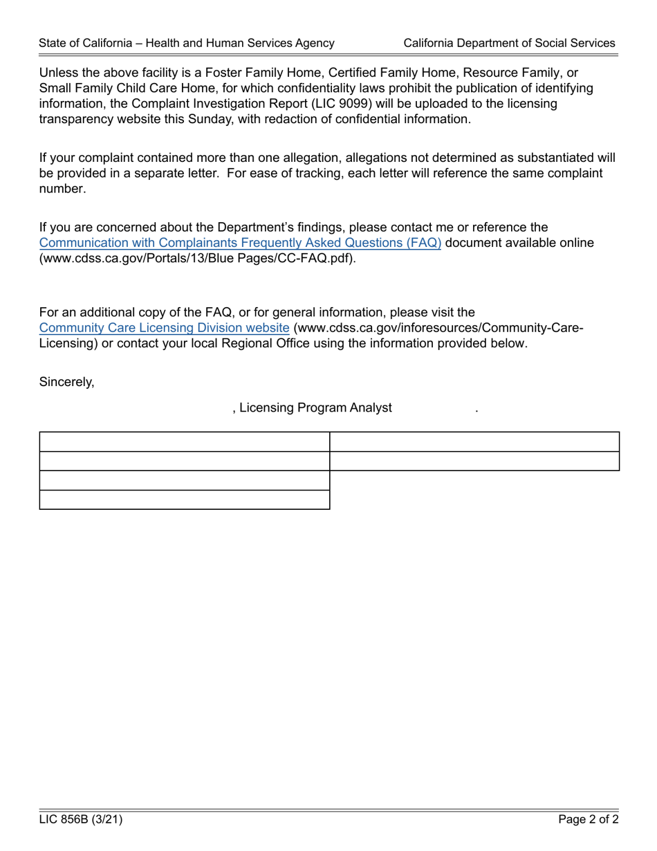 Form LIC856B Complaint Determination Notification - Substantiated - California, Page 2