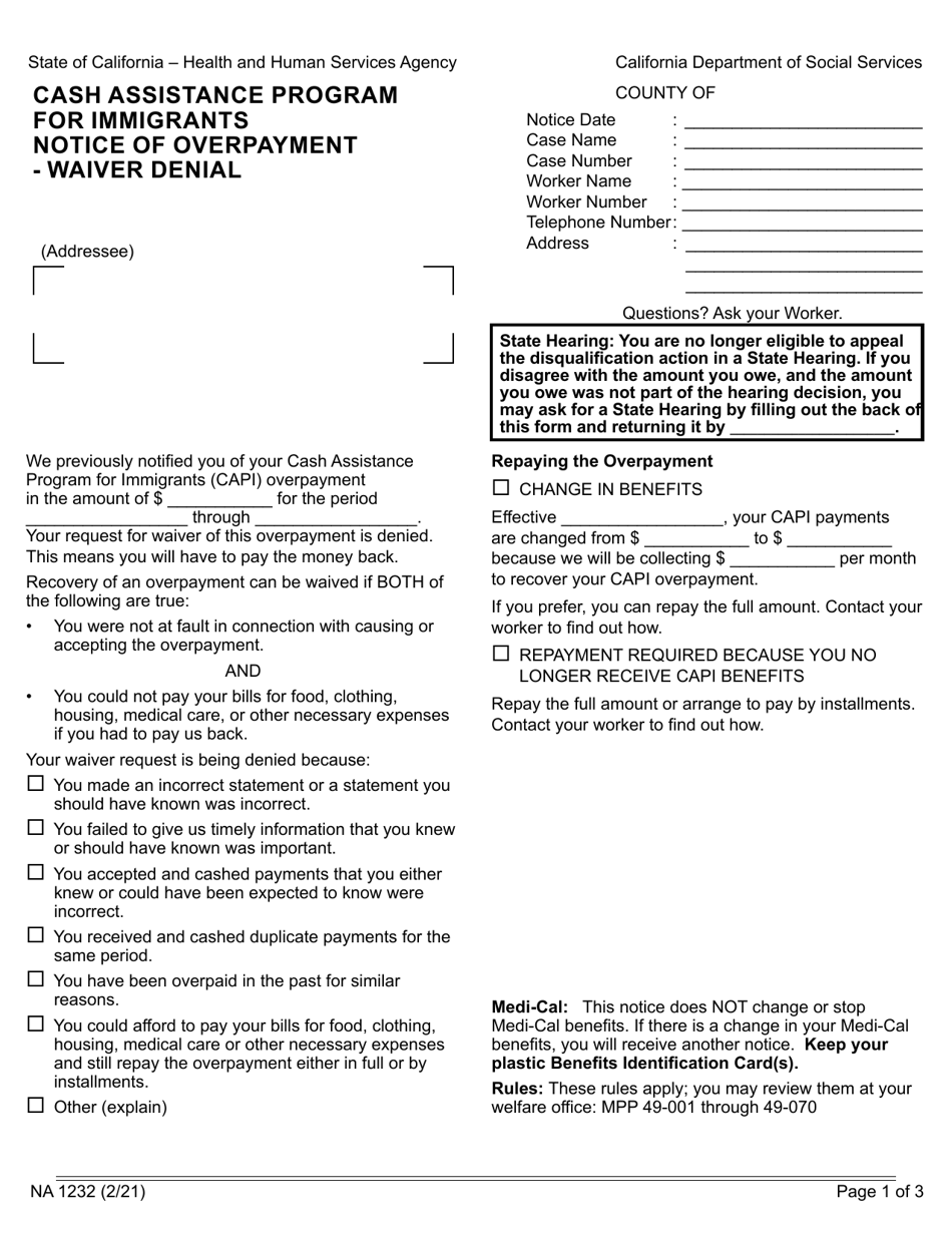 Form NA1232 Cash Assistance Program for Immigrants Notice of Overpayment - Waiver Denial - California, Page 1