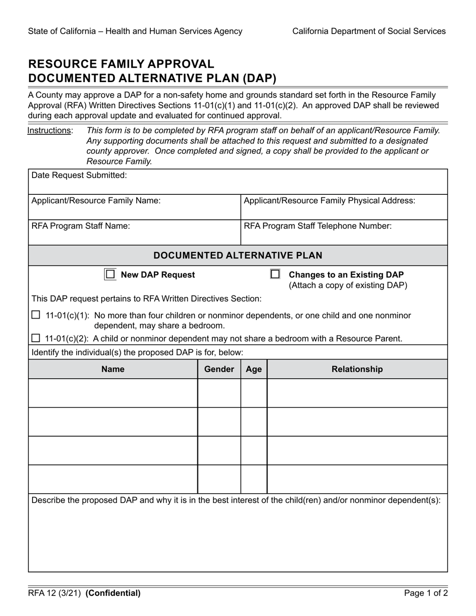 Form RFA12 Resource Family Approval Documented Alternative Plan (Dap) - California, Page 1