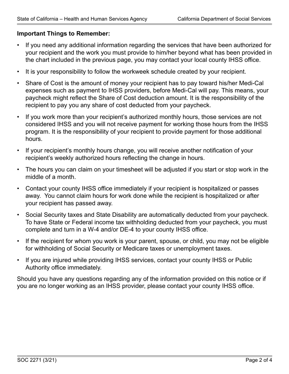 Form SOC2271 In-home Supportive Services (Ihss) Program Provider Notification of Recipient Authorized Hours and Services and Maximum Weekly Hours - California, Page 2