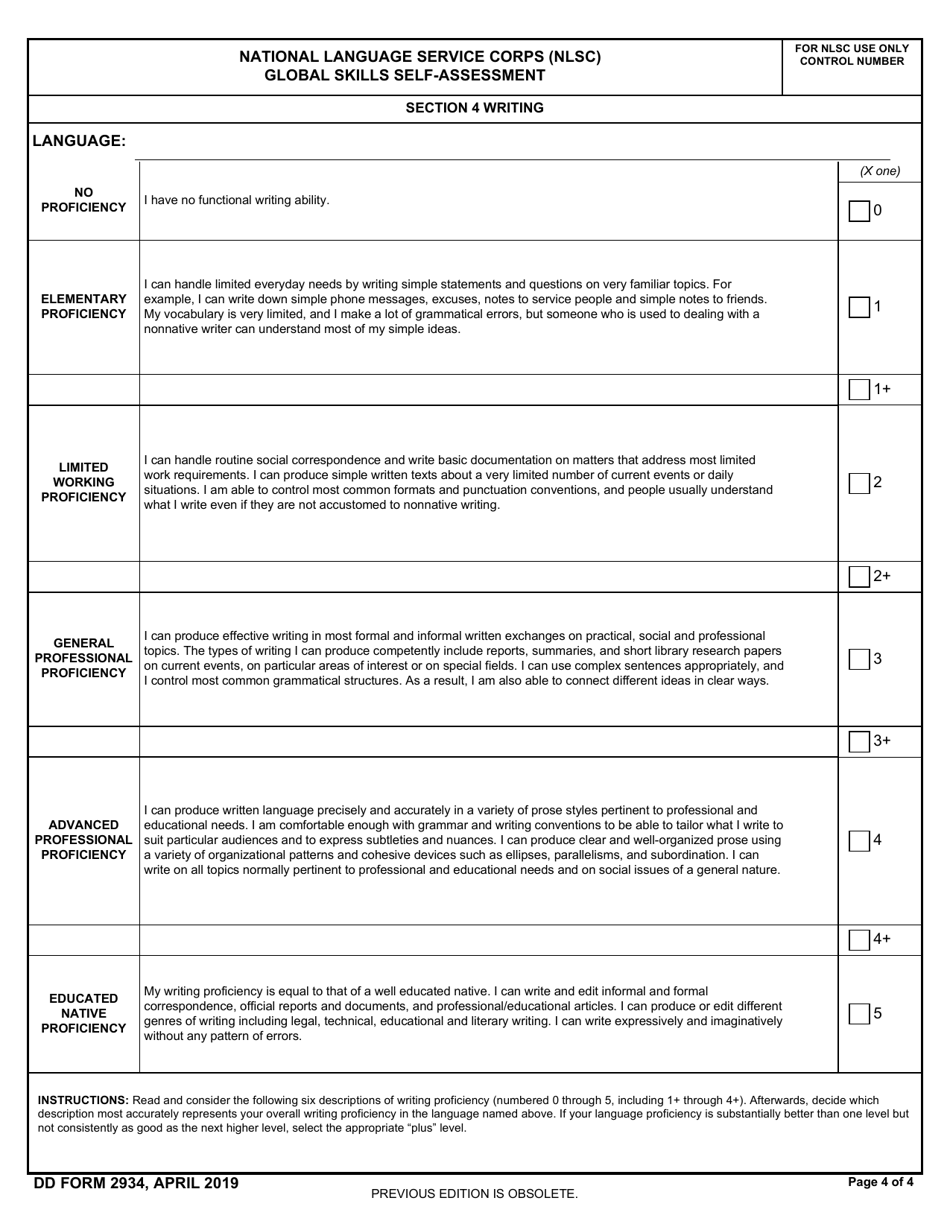DD Form 2934 National Language Service Corps (Nlsc) Global Skills Self-assessment, Page 4