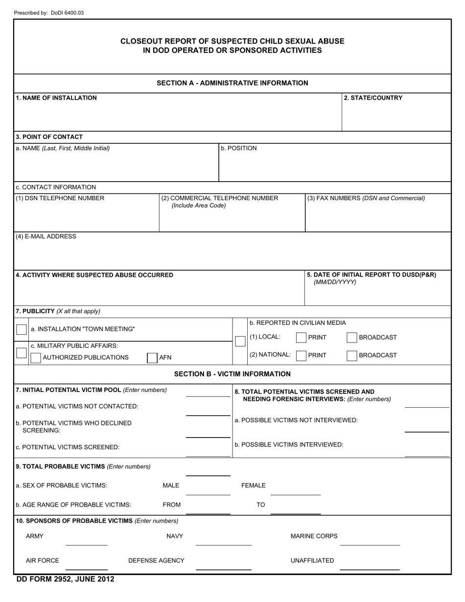 DD Form 2952 - Fill Out, Sign Online and Download Fillable PDF ...