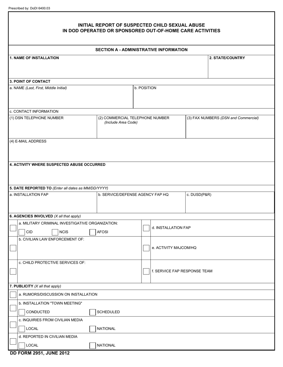DD Form 2951 Initial Report of Suspected Child Sexual Abuse in DoD Operated or Sponsored out-Of-Home Care Activities, Page 1