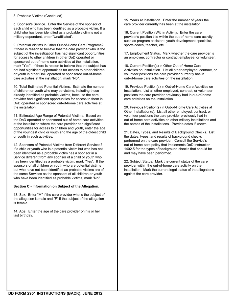 DD Form 2951 Initial Report of Suspected Child Sexual Abuse in DoD Operated or Sponsored out-Of-Home Care Activities, Page 4