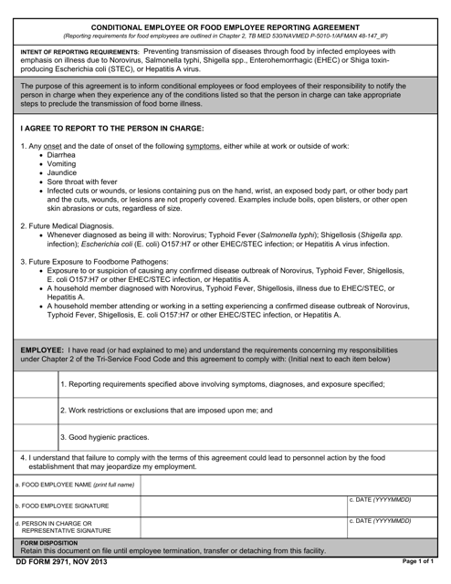 DD Form 2971 Conditional Employee or Food Employee Reporting Agreement