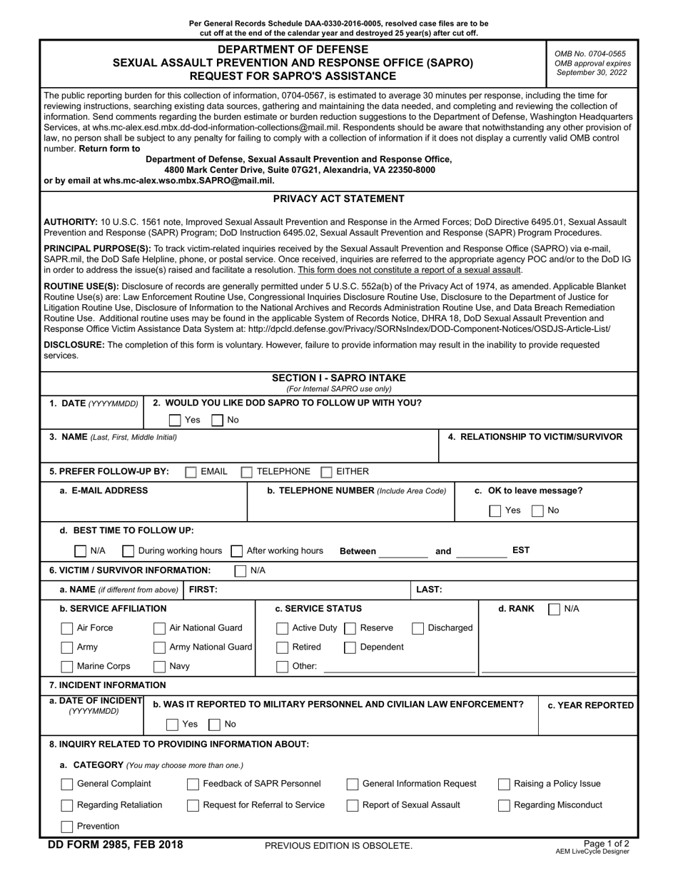 DD Form 2985 DoD Sexual Assault Prevention and Response Office (Sapro) Request for Sapros Assistance, Page 1