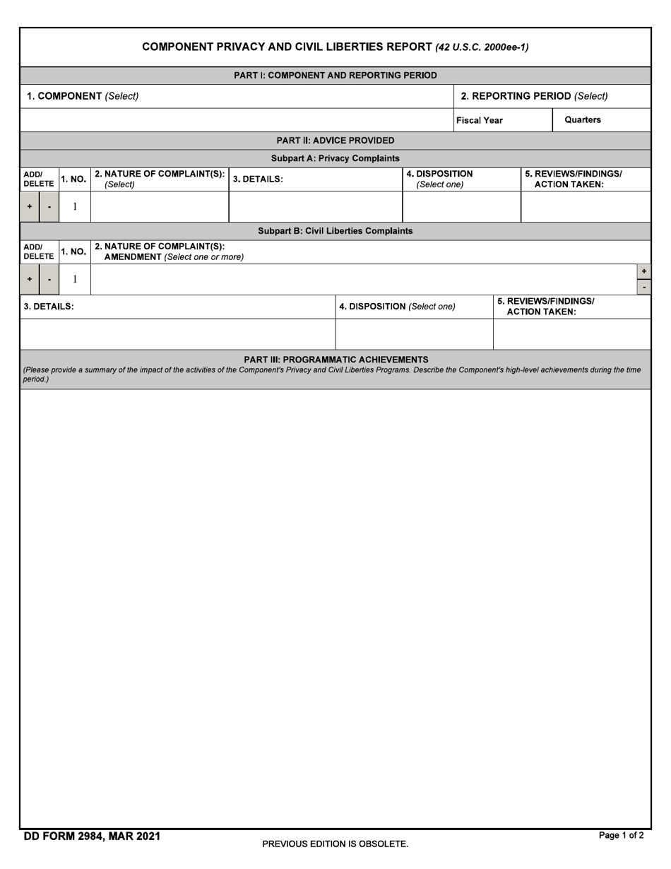 DD Form 2984 Component Privacy and Civil Liberties Report, Page 1