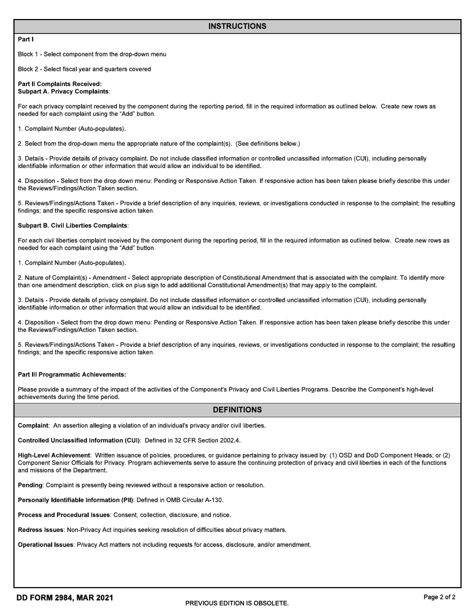 DD Form 2984 Component Privacy and Civil Liberties Report, Page 2