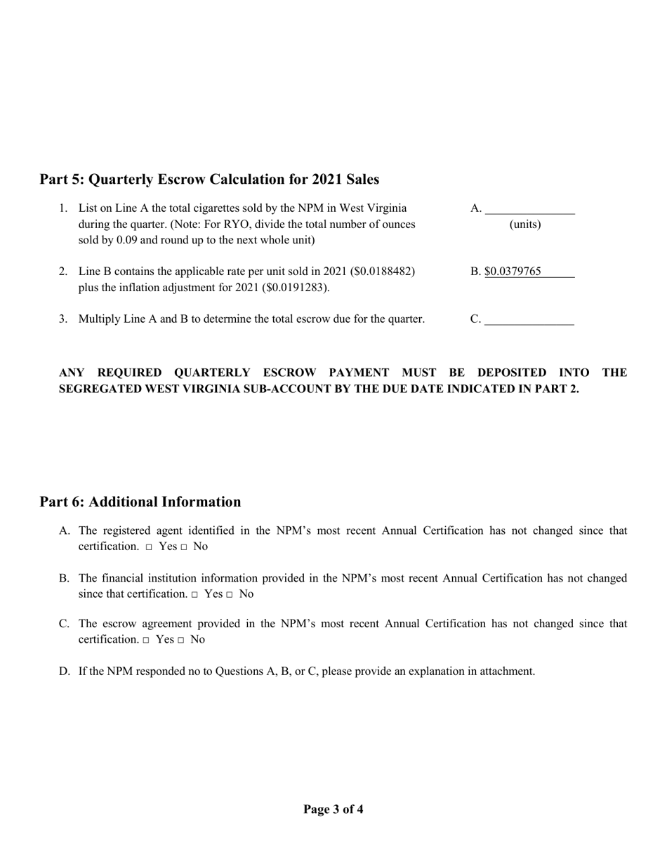 Non-participating Manufacturer Quarterly Certificate of Compliance - West Virginia, Page 3