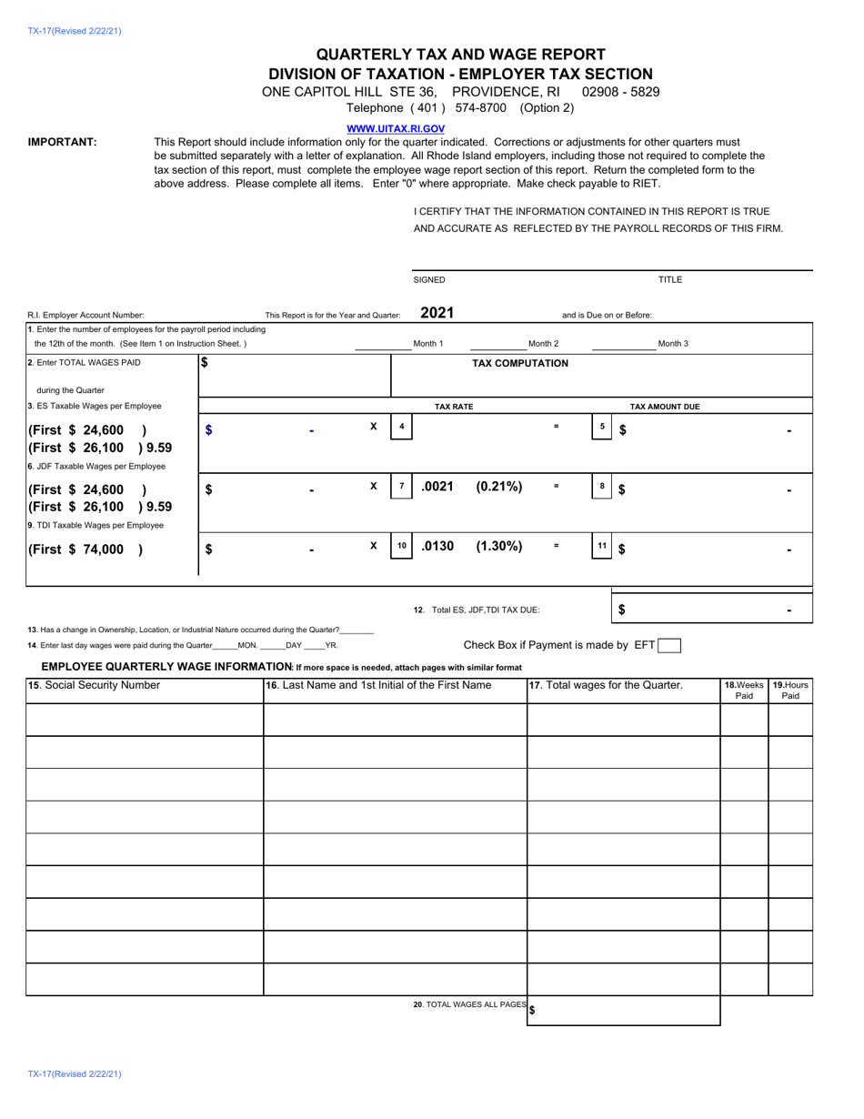 Form TX-17 Quarterly Tax and Wage Report - Rhode Island, Page 1
