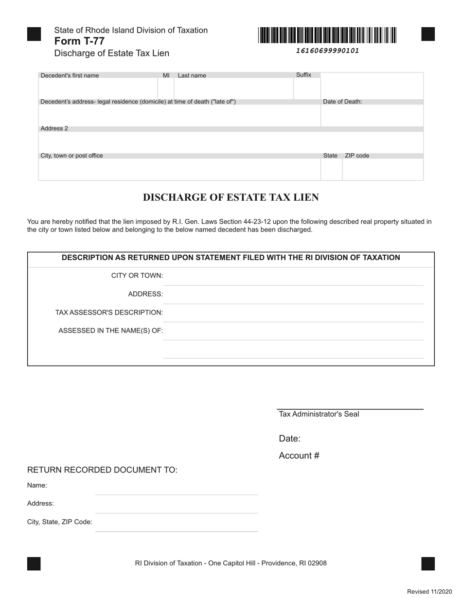 Form T-77 Discharge of Estate Tax Lien - Rhode Island, Page 1