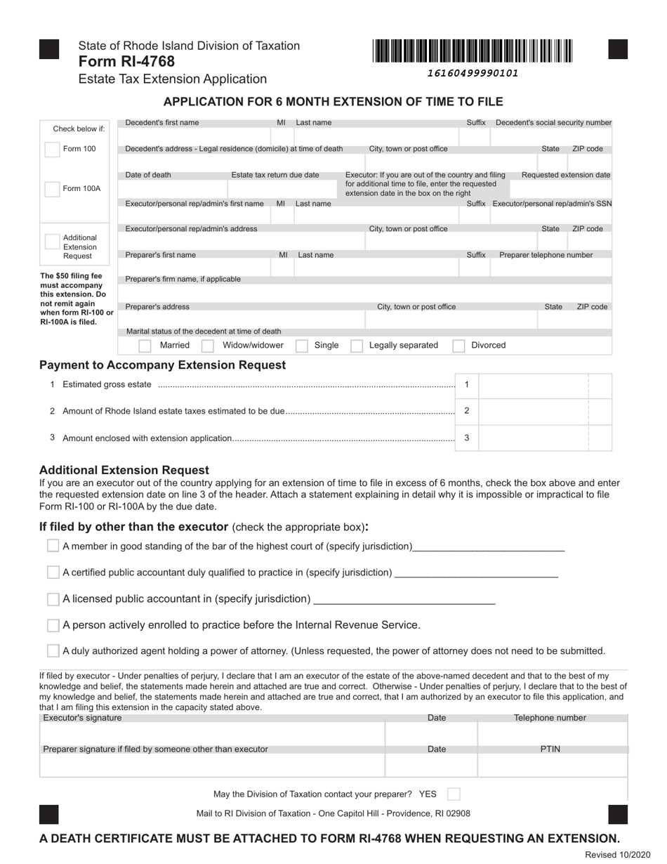 Form RI-4768 Application for 6 Month Extension of Time to File - Rhode Island, Page 1