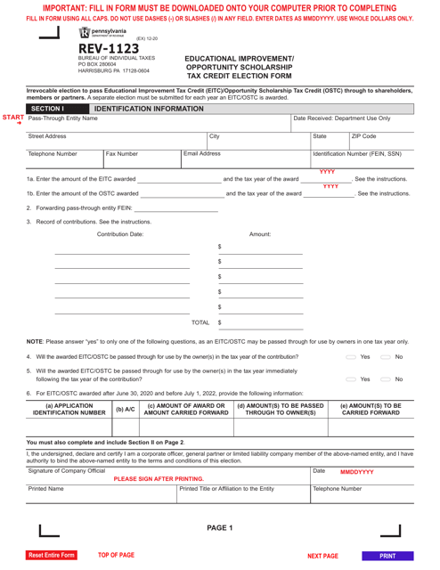 Form REV-1123 Educational Improvement/Opportunity Scholarship Tax Credit Election Form - Pennsylvania