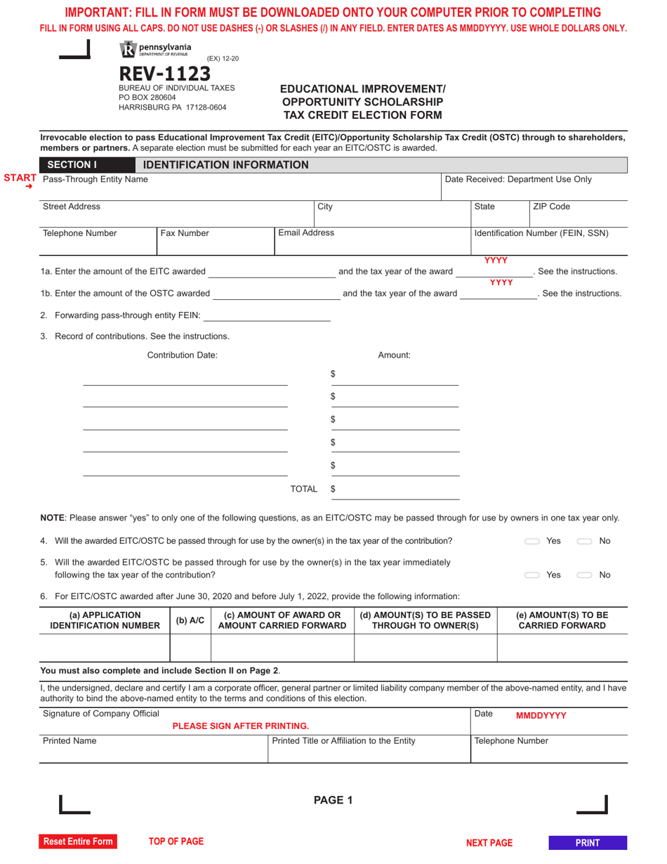 Form REV-1123 Educational Improvement / Opportunity Scholarship Tax Credit Election Form - Pennsylvania, Page 1