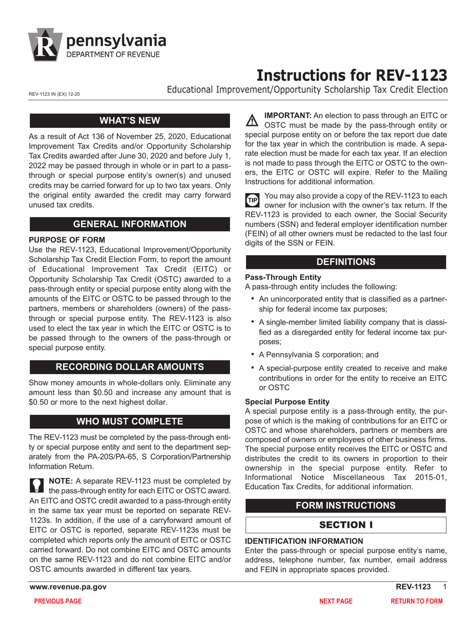 Form REV-1123 Educational Improvement / Opportunity Scholarship Tax Credit Election Form - Pennsylvania, Page 3