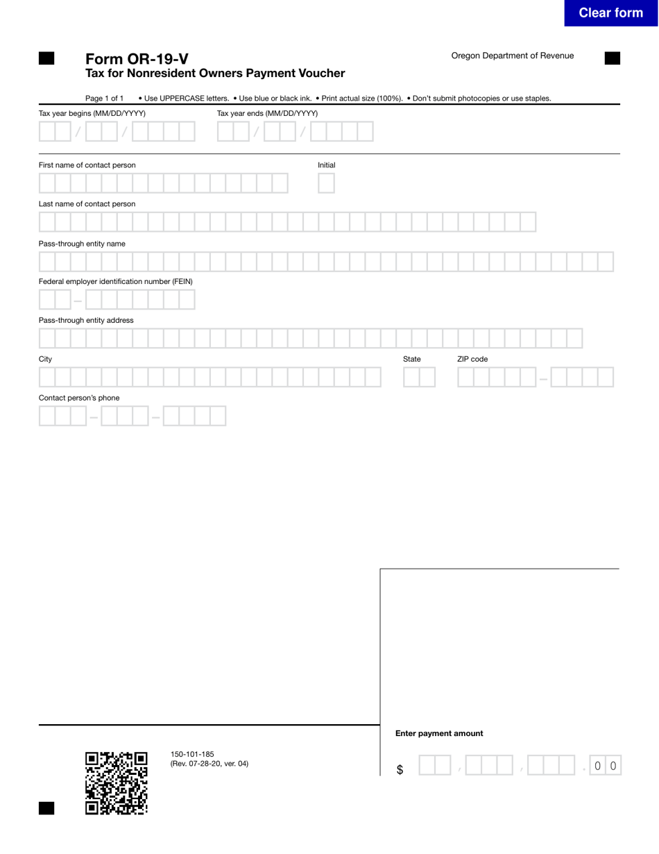 Form OR-19-V (150-101-185) Tax for Nonresident Owners Payment Voucher - Oregon, Page 1