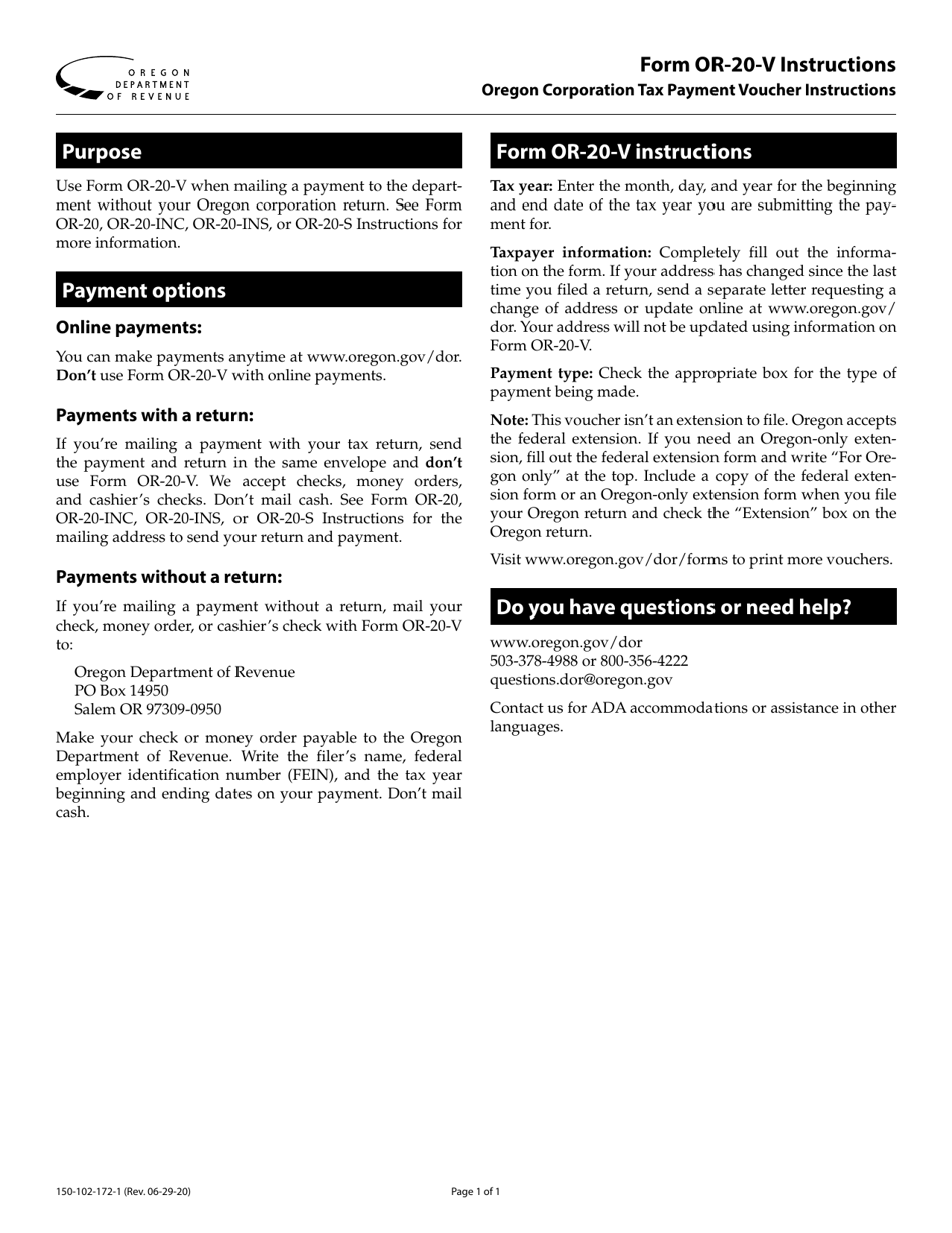 Instructions for Form OR-20-V, 150-102-172 Oregon Corporation Tax Payment Voucher - Oregon, Page 1