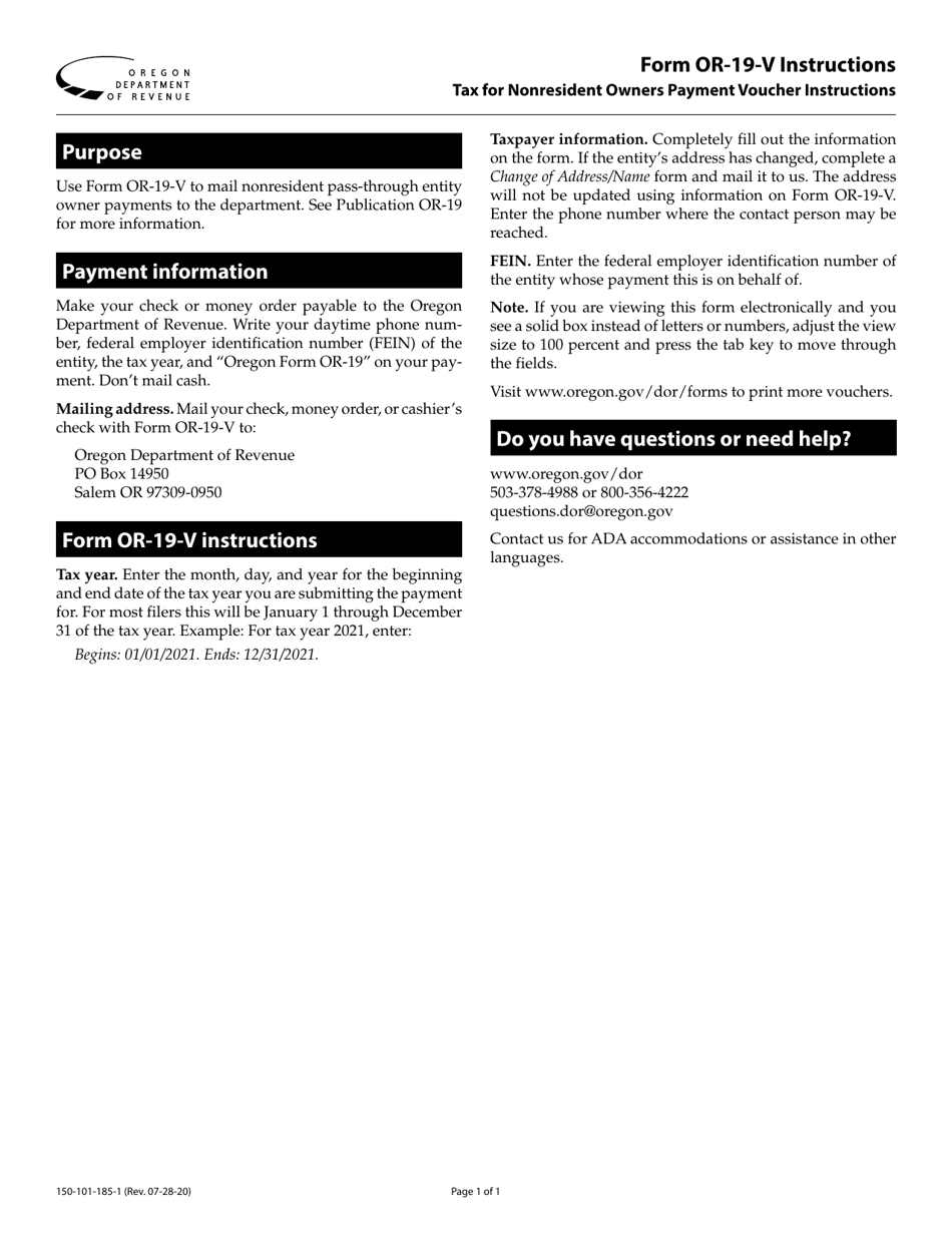 Instructions for Form OR-19-V, 150-101-185 Tax for Nonresident Owners Payment Voucher - Oregon, Page 1