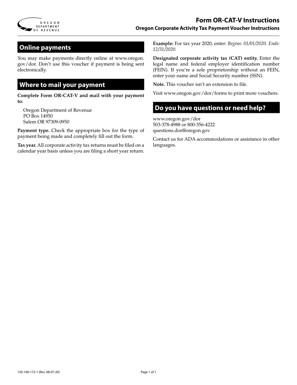 Instructions for Form OR-CAT-V, 150-106-172 Oregon Corporate Activity Tax Payment Voucher - Oregon, Page 1