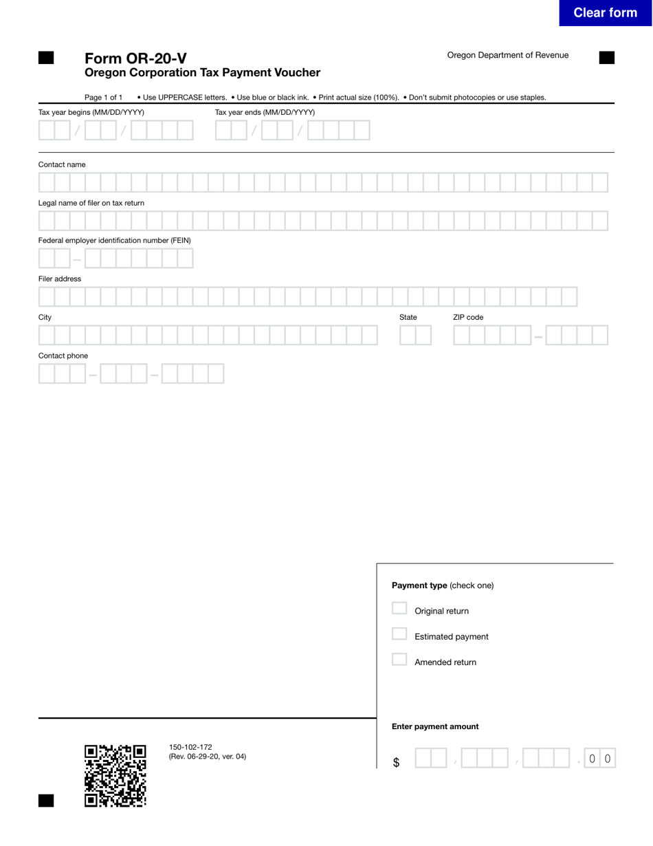 Form OR-20-V (150-102-172) Oregon Corporation Tax Payment Voucher - Oregon, Page 1