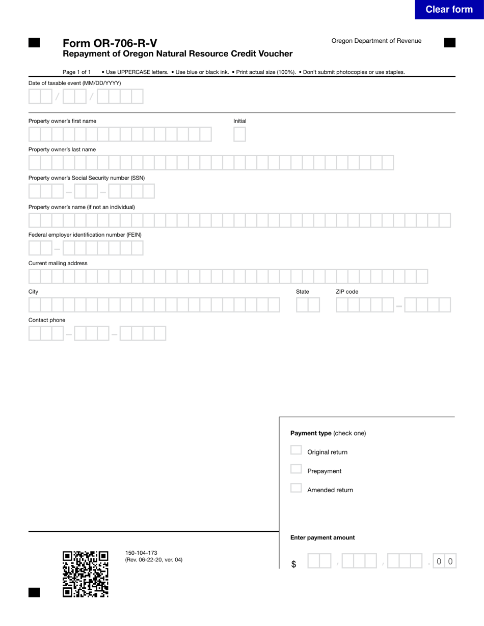 Form OR-706-R-V (150-104-173) Repayment of Oregon Natural Resource Credit Voucher - Oregon, Page 1