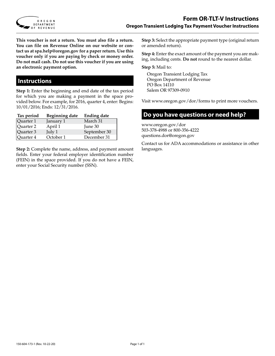 Instructions for Form OR-TLT-V, 150-604-173 Oregon Transient Lodging Tax Payment Voucher - Oregon, Page 1