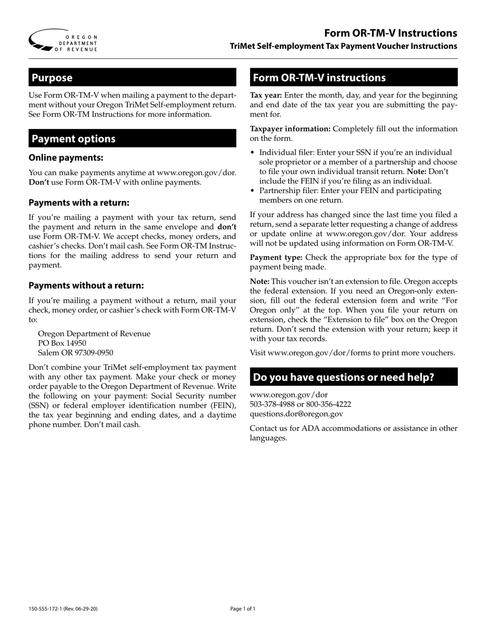 Instructions for Form OR-TM-V, 150-555-172 Trimet Self-employment Tax Payment Voucher - Oregon, Page 1