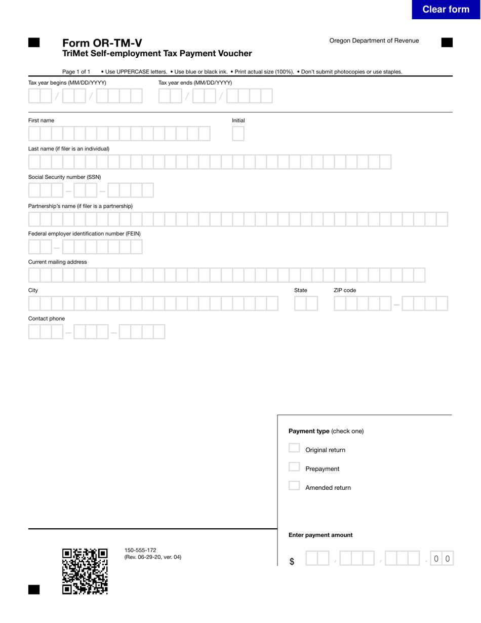 Form OR-TM-V (150-555-172) Trimet Self-employment Tax Payment Voucher - Oregon, Page 1