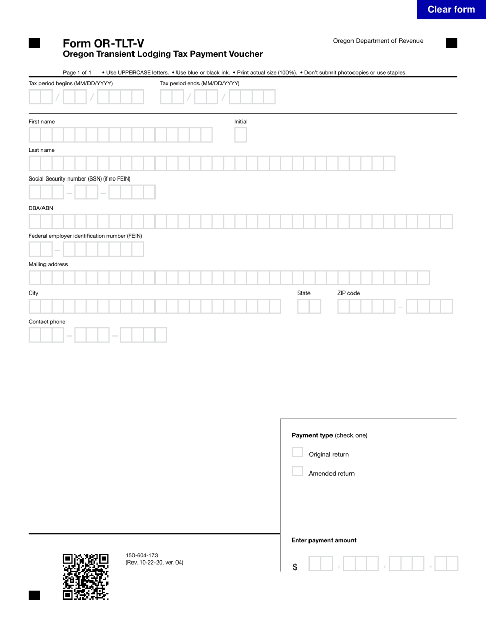 Form OR-TLT-V (150-604-173) Oregon Transient Lodging Tax Payment Voucher - Oregon, Page 1