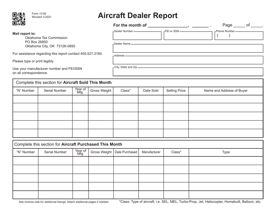 Form 13-92 Aircraft Dealer Report - Oklahoma, Page 1
