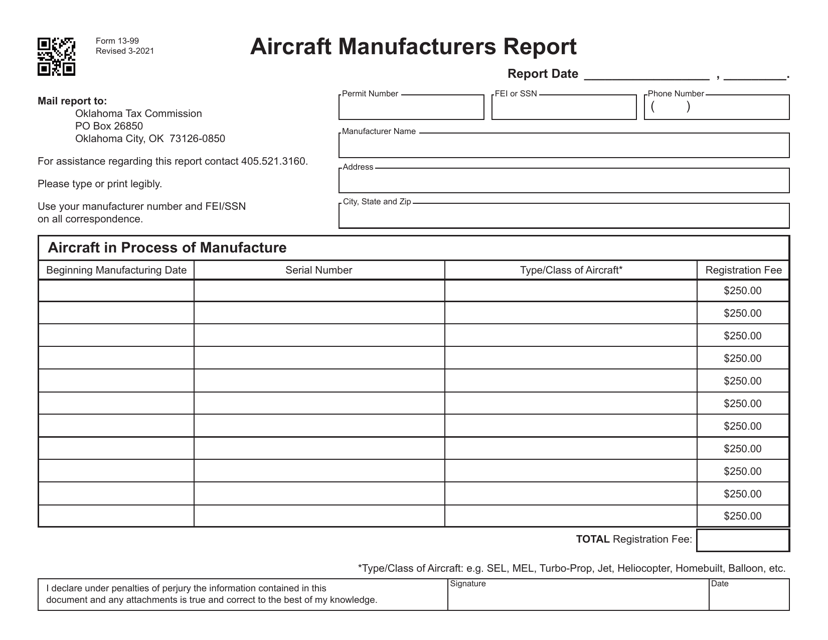 Form 13-99 Aircraft Manufacturers Report - Oklahoma