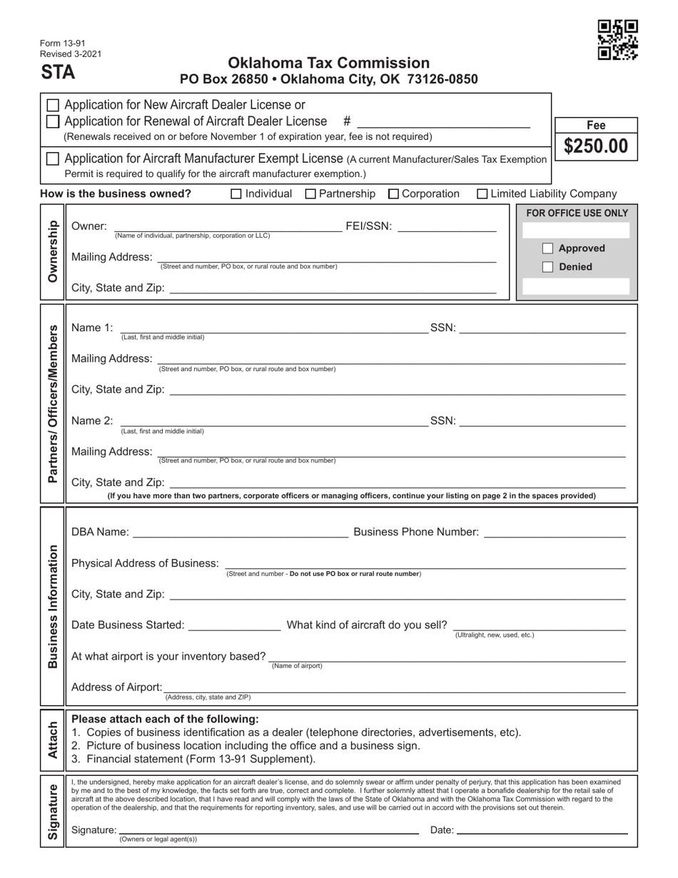 Form 13-91 Application for New Aircraft Dealers License or Renewal of License - Oklahoma, Page 1