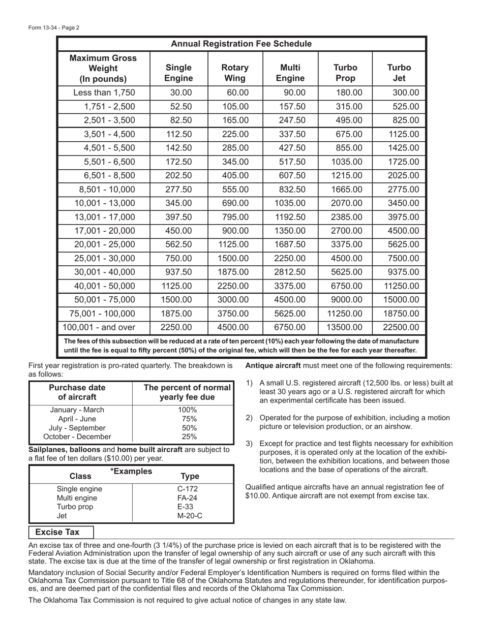 Form 13-34 Application for Registration of Aircraft and Report of Excise Tax (For Aircraft Purchased on or After November 1, 2017) - Oklahoma, Page 3