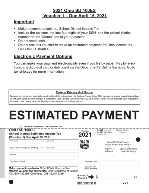 Form SD100ES School District Estimated Income Tax Voucher - Ohio, 2021