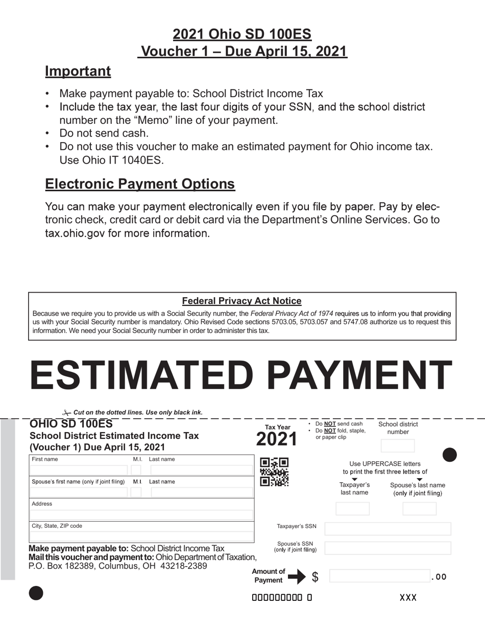 Form SD100ES School District Estimated Income Tax Voucher - Ohio, Page 1