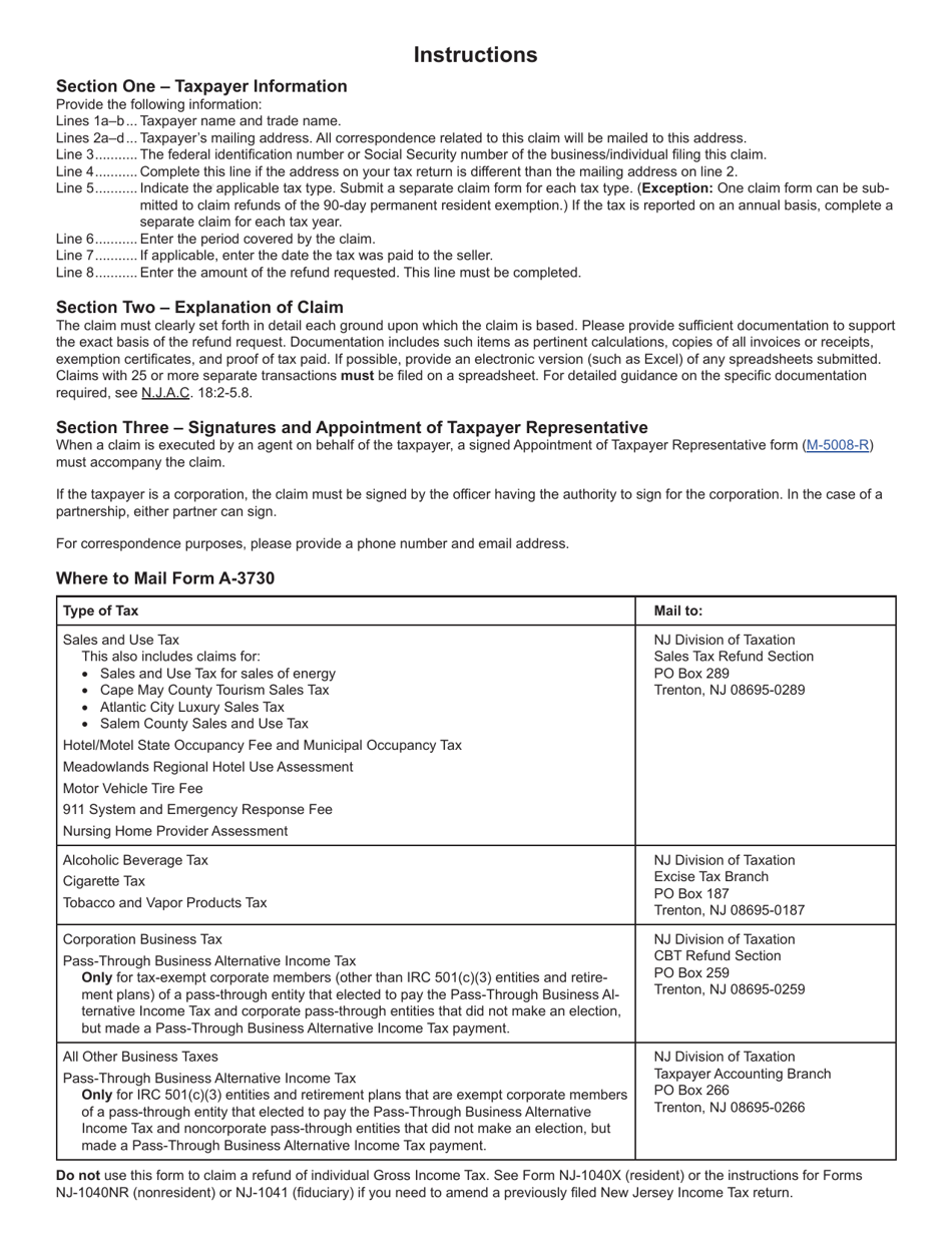 Form A-3730 Claim for Refund (Business Taxes Only) - New Jersey, Page 2