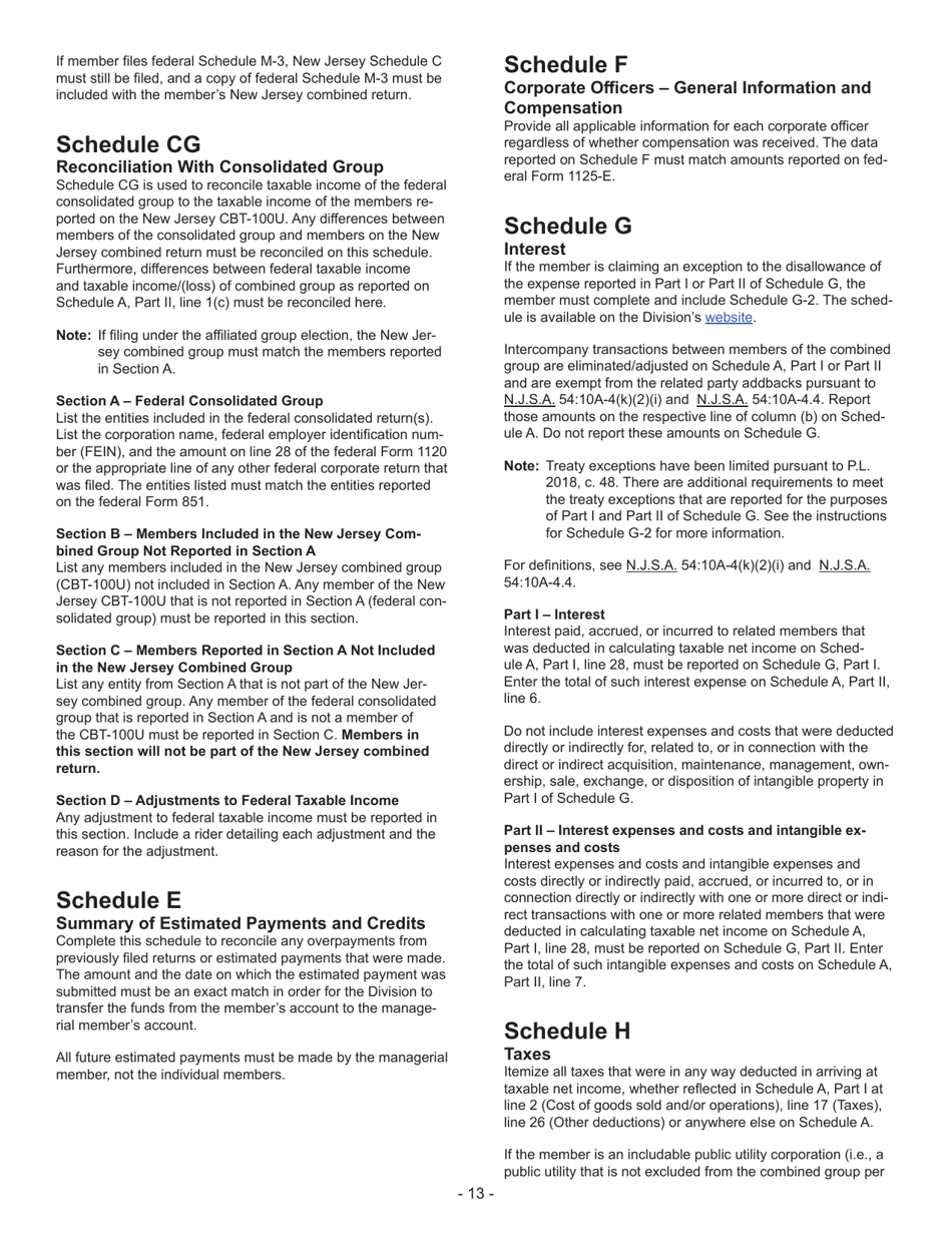 Instructions for Form CBT-100U New Jersey Corporation Business Tax Unitary Return - New Jersey, Page 14