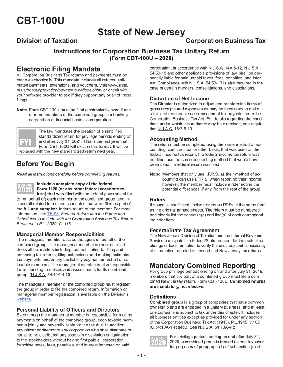 Instructions for Form CBT-100U New Jersey Corporation Business Tax Unitary Return - New Jersey, Page 2