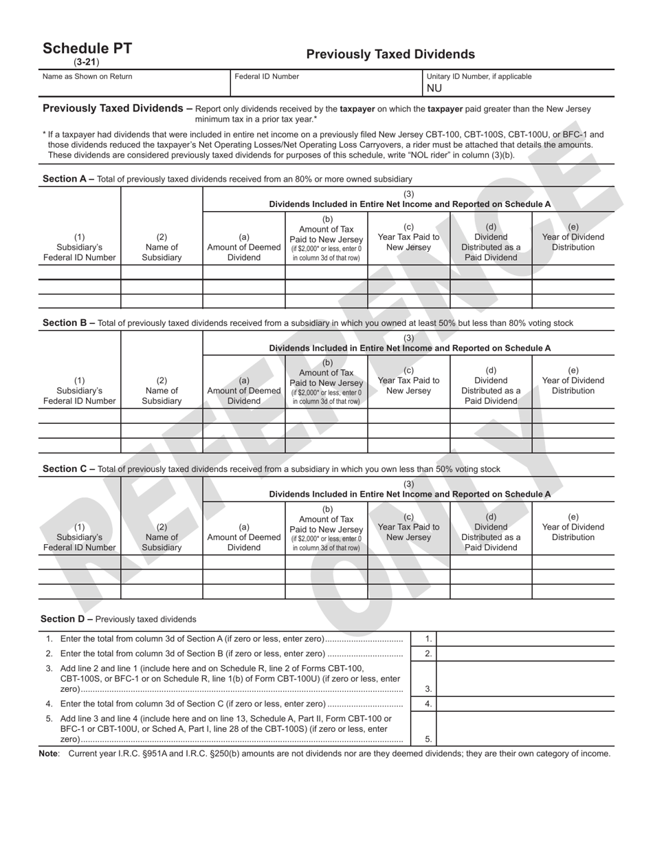 Schedule PT Dividend Exclusion for Certain Previously Taxed Dividends - New Jersey, Page 1