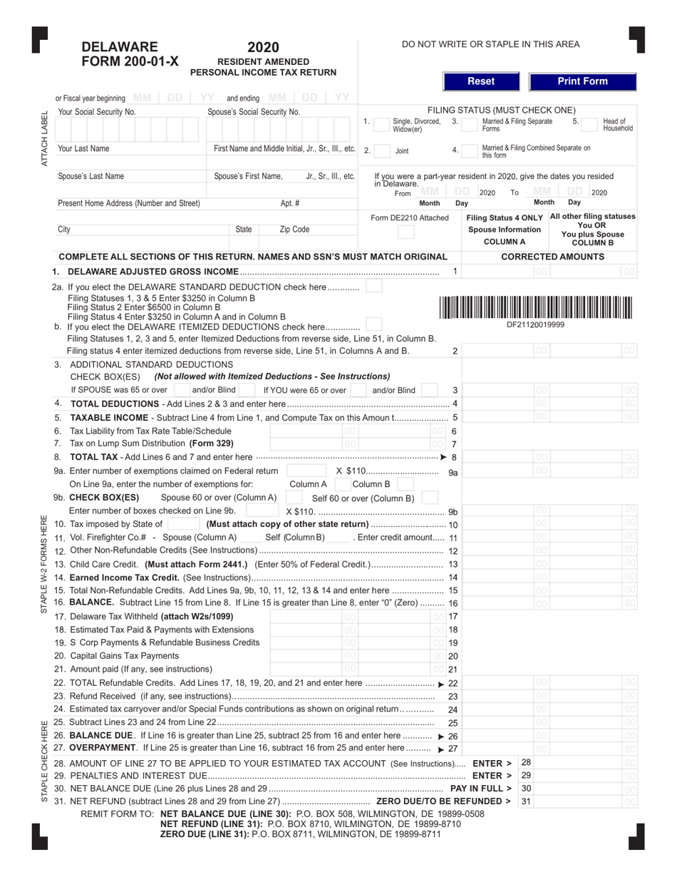 Form 200-01-X Resident Amended Personal Income Tax Return - Delaware, Page 1