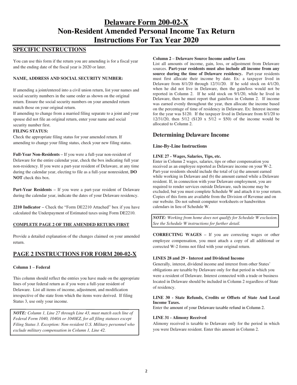 Instructions for Form 200-02-X Non-resident Amended Personal Income Tax Return - Delaware, Page 2