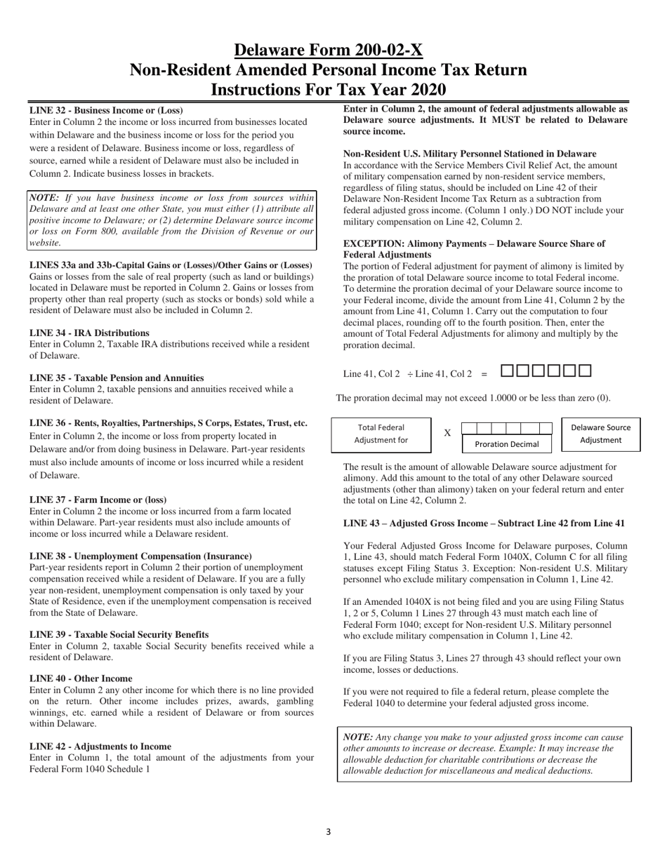 Instructions for Form 200-02-X Non-resident Amended Personal Income Tax Return - Delaware, Page 3