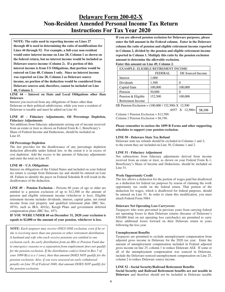 Instructions for Form 200-02-X Non-resident Amended Personal Income Tax Return - Delaware, Page 4
