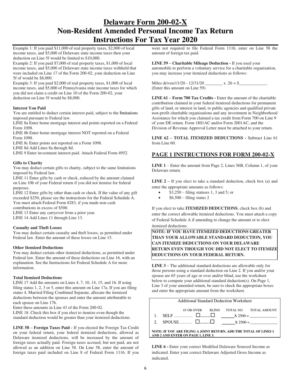 Instructions for Form 200-02-X Non-resident Amended Personal Income Tax Return - Delaware, Page 6